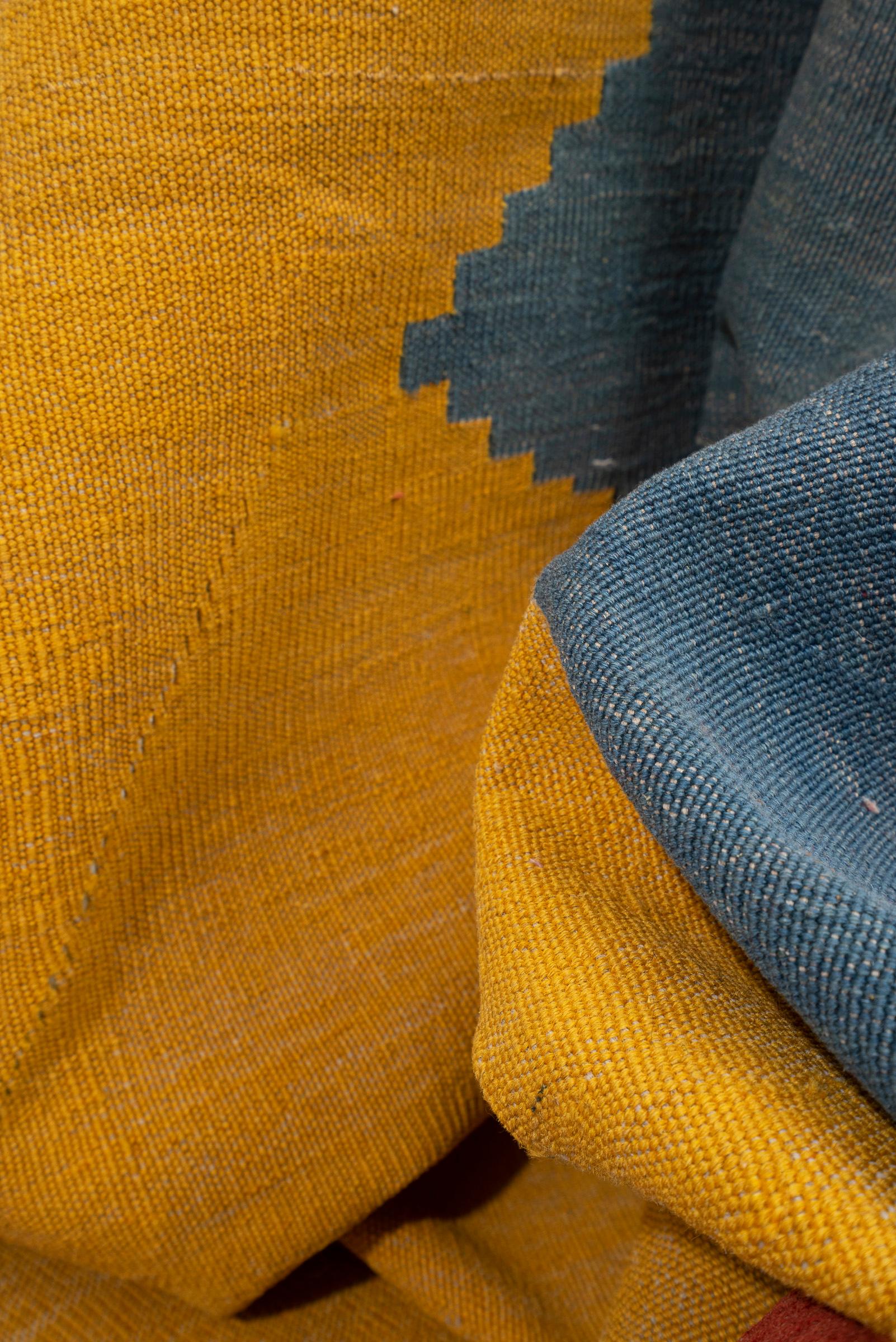 Vintage Qashqai Firuz Abad Minimal Yellow and Blue Persian Kilim Rug