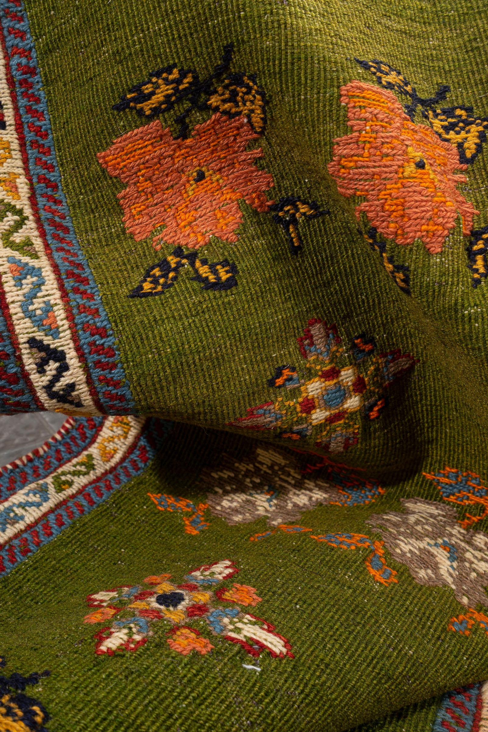 Vintage Sirjan Green Persian Soumak Kilim Rug