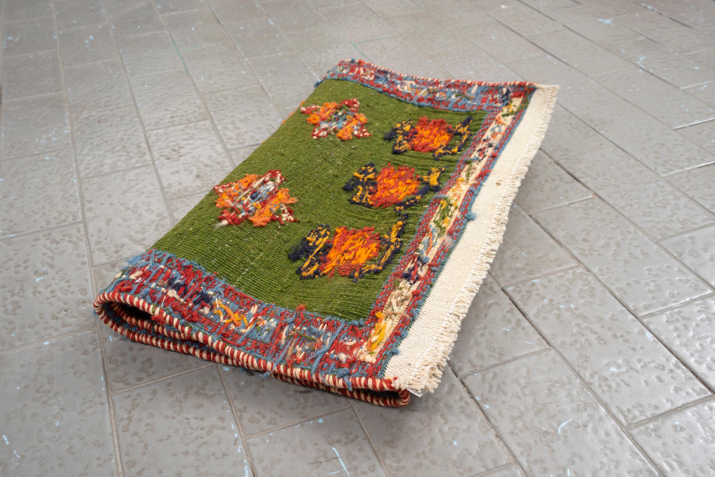 Vintage Sirjan Green Persian Soumak Kilim Rug