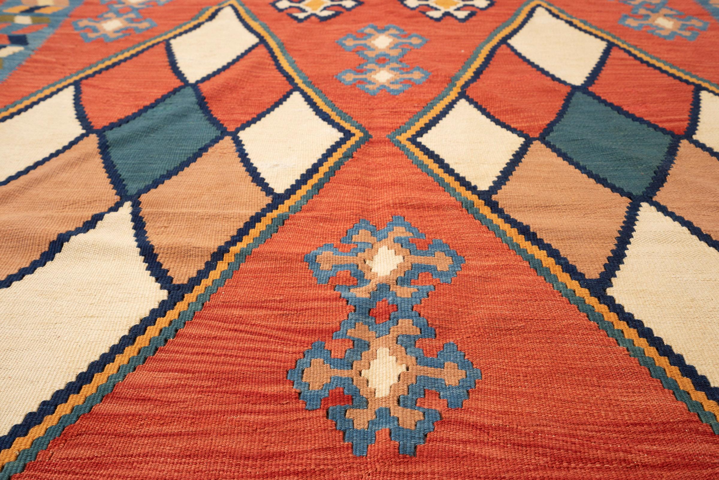 Vintage Qashqai Firuz Abad 4 Diamonds Persian Kilim Rug