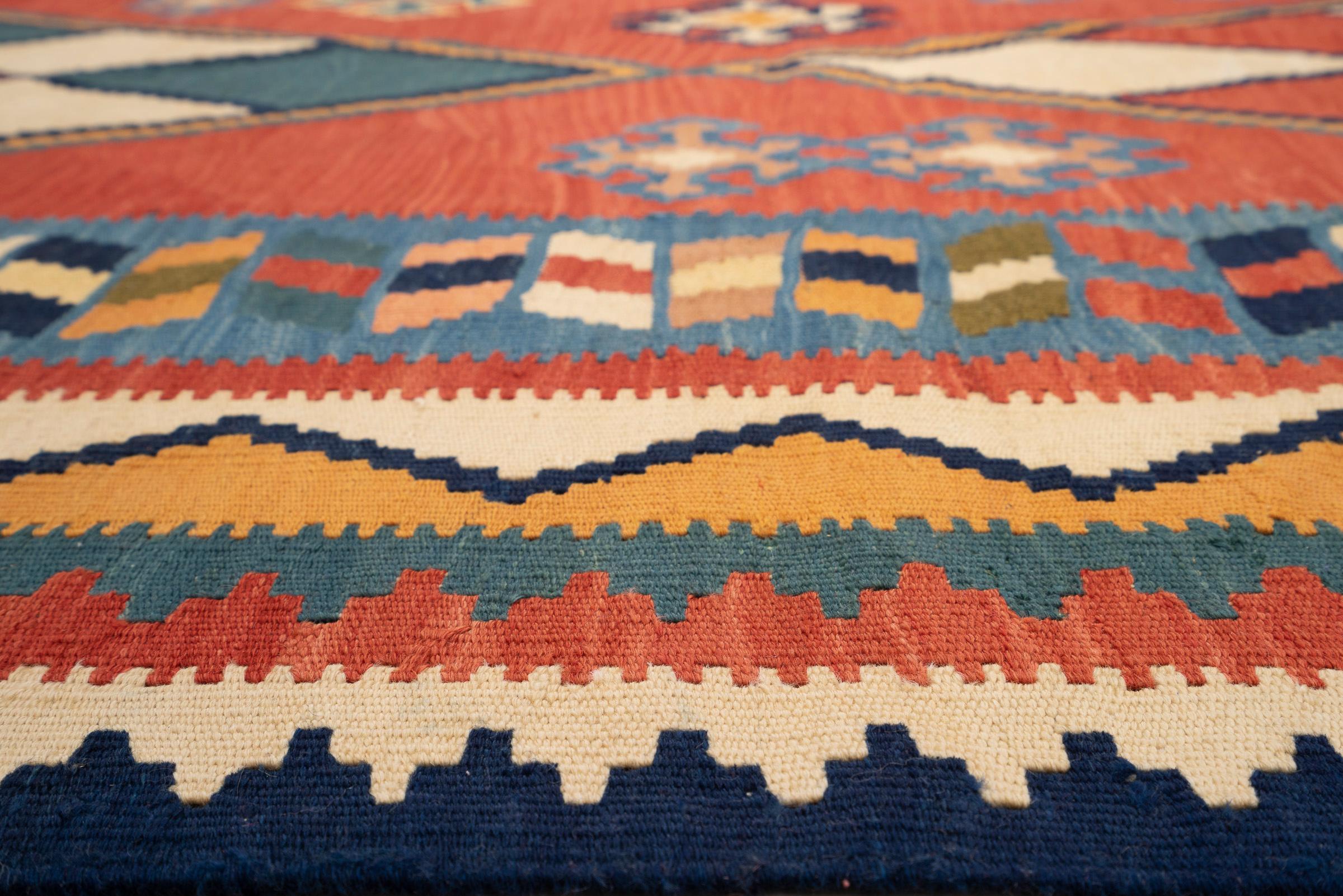 Vintage Qashqai Firuz Abad 4 Diamonds Persian Kilim Rug