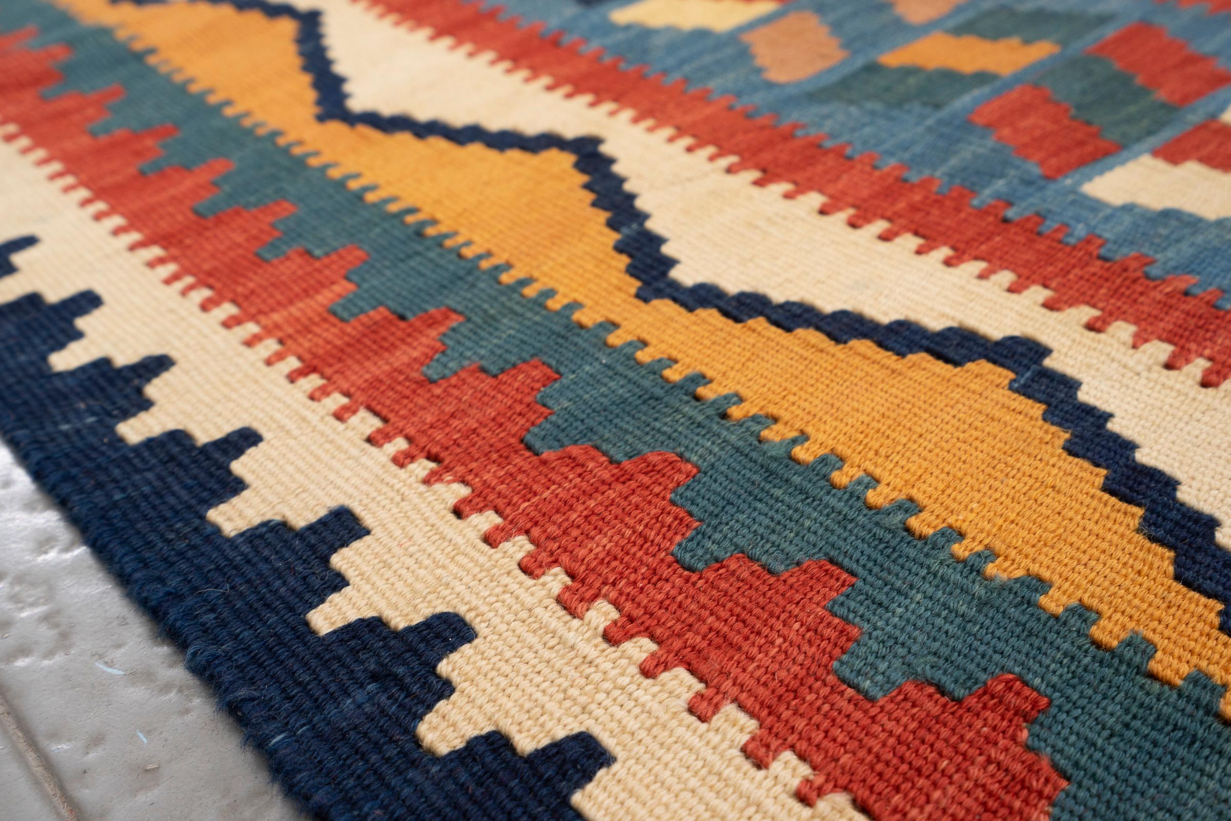 Vintage Qashqai Firuz Abad 4 Diamonds Persian Kilim Rug