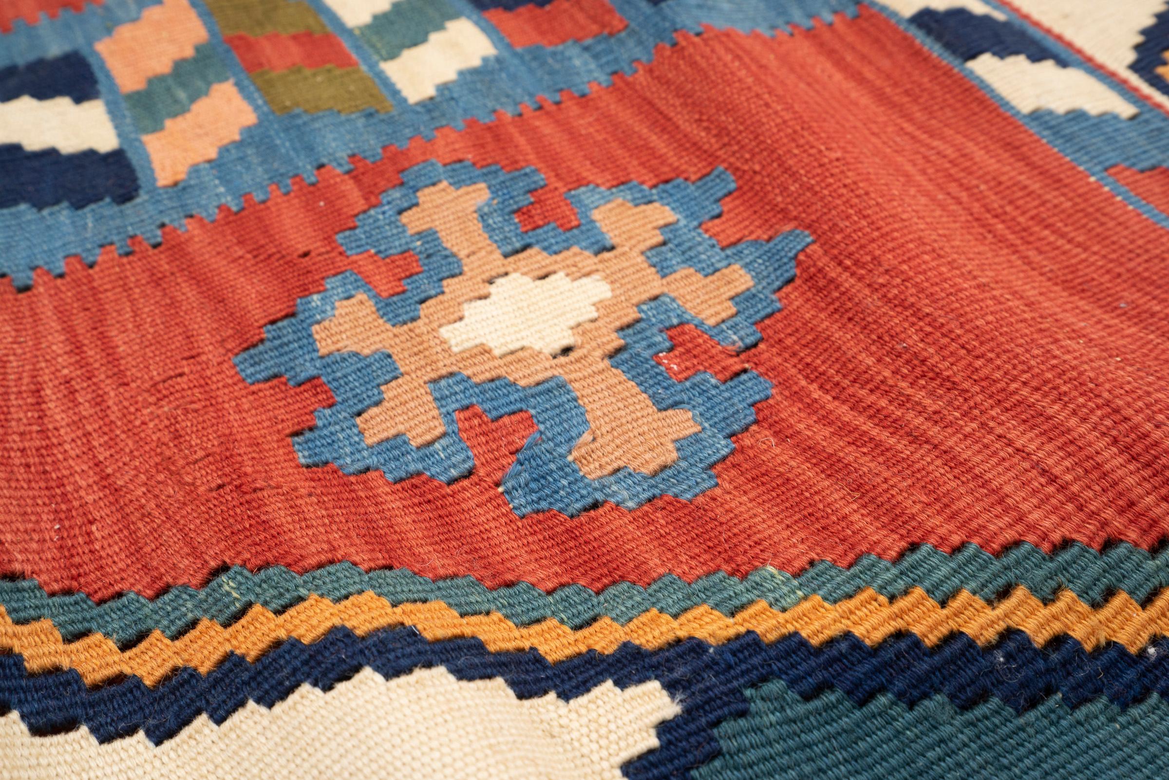 Vintage Qashqai Firuz Abad 4 Diamonds Persian Kilim Rug