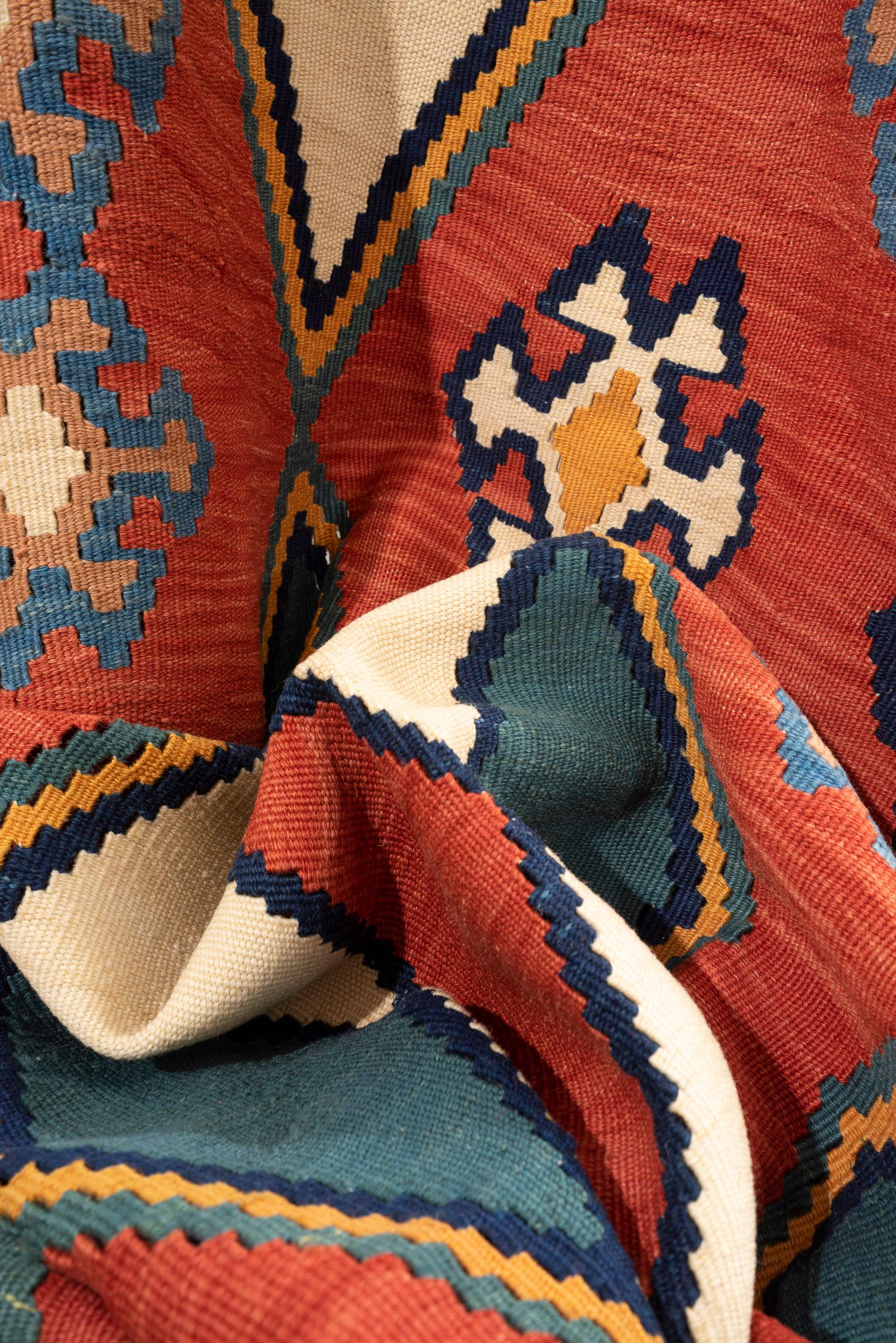 Vintage Qashqai Firuz Abad 4 Diamonds Persian Kilim Rug