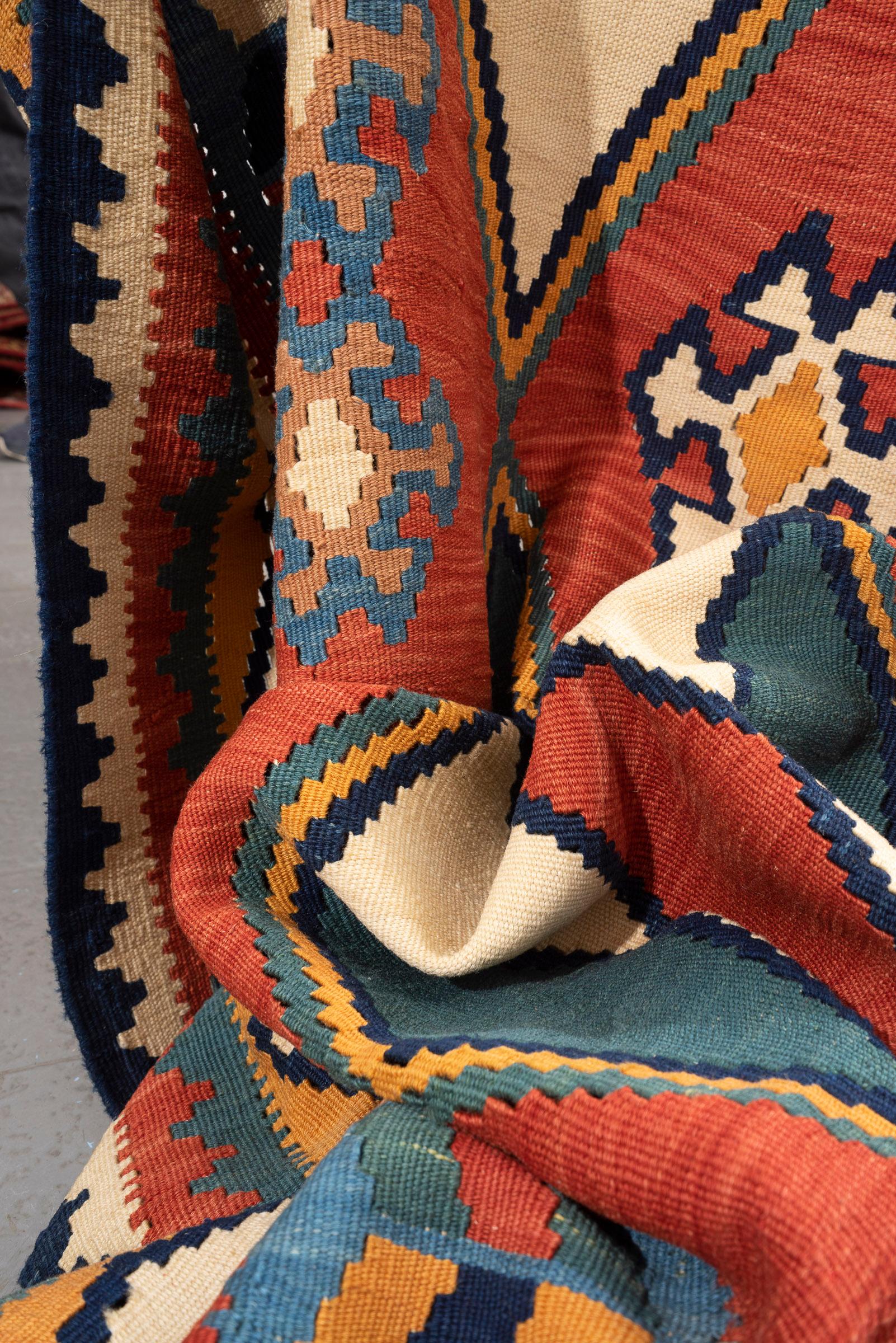 Vintage Qashqai Firuz Abad 4 Diamonds Persian Kilim Rug