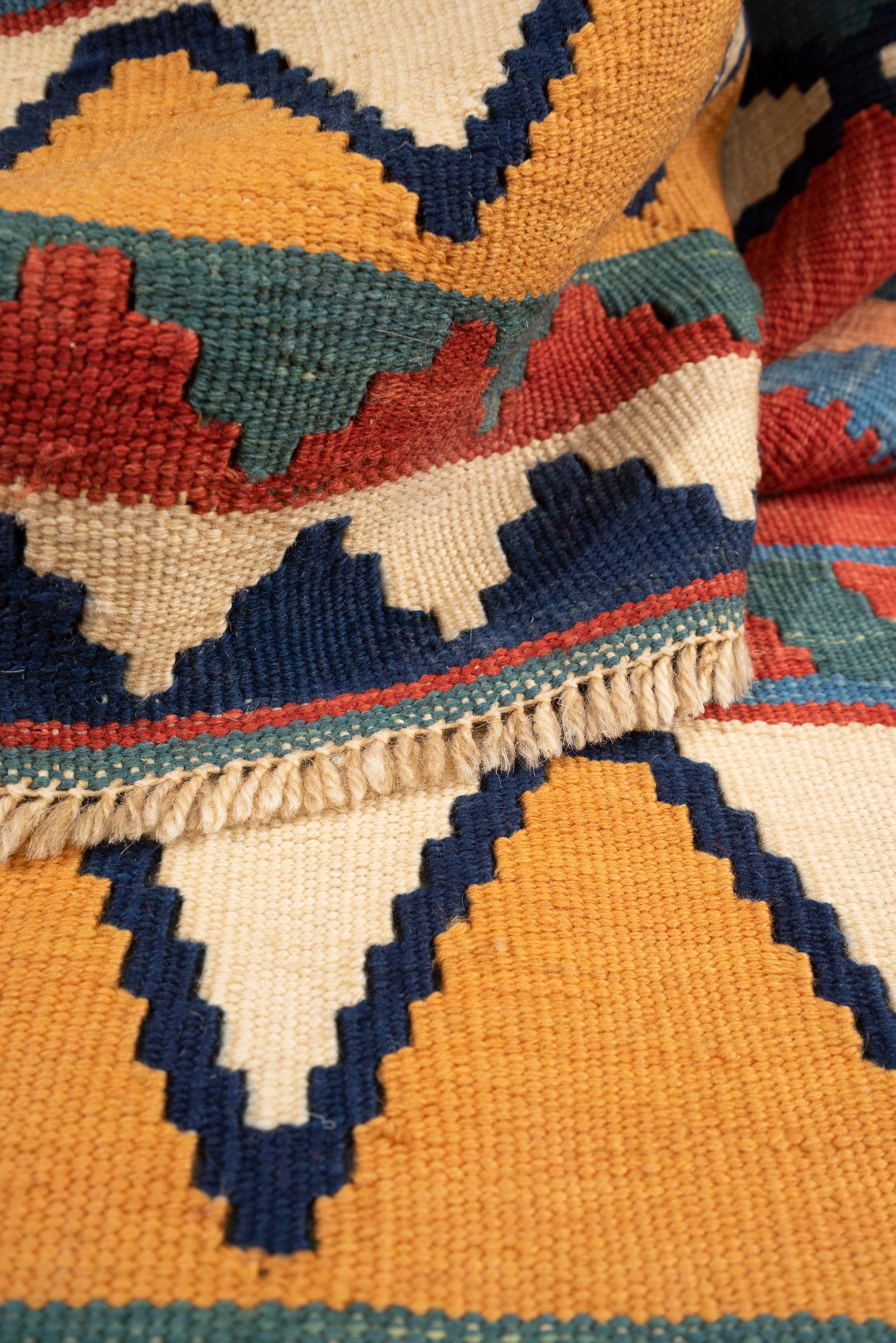 Vintage Qashqai Firuz Abad 4 Diamonds Persian Kilim Rug