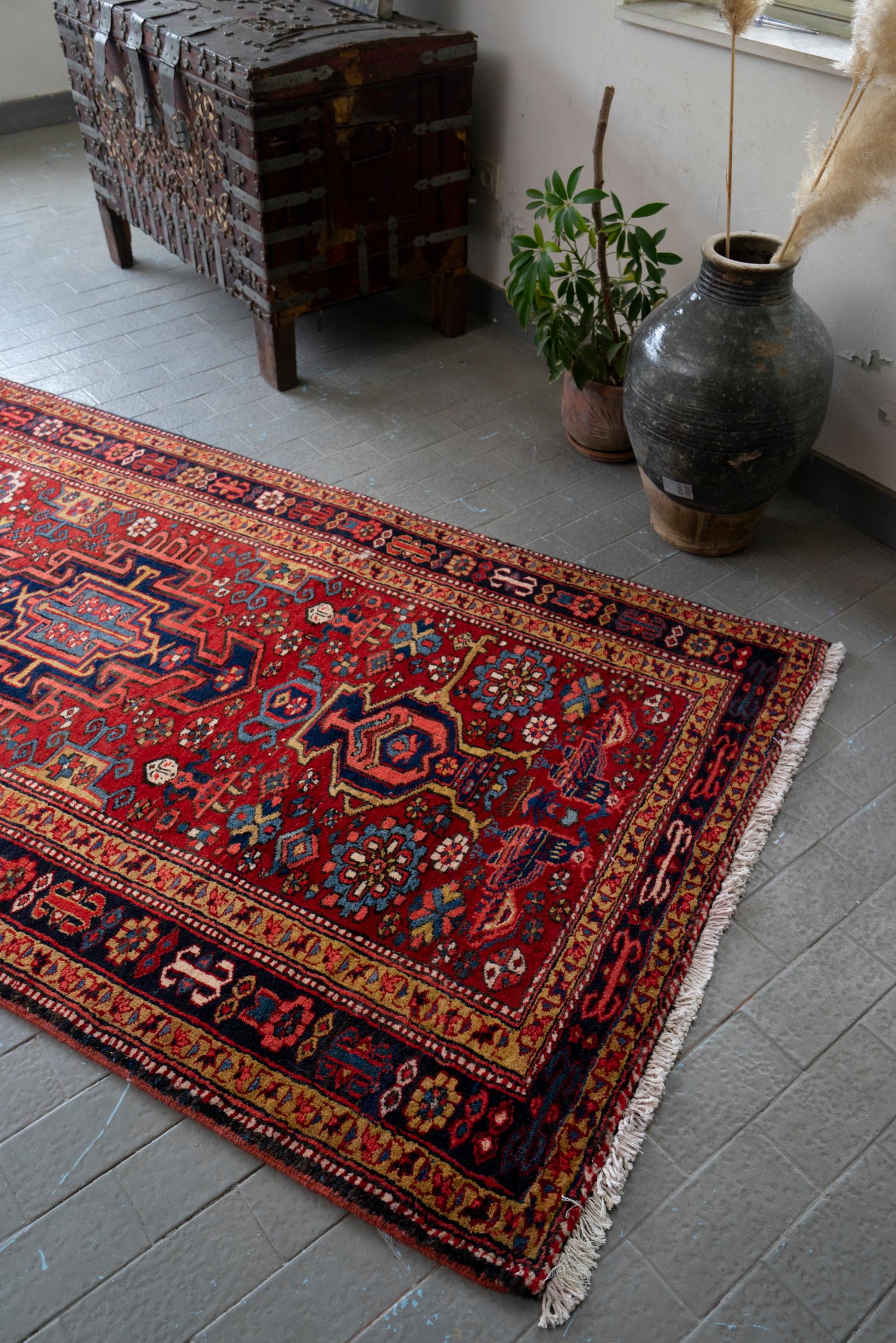 Antique Heriz Pictorial Persian Runner Rug