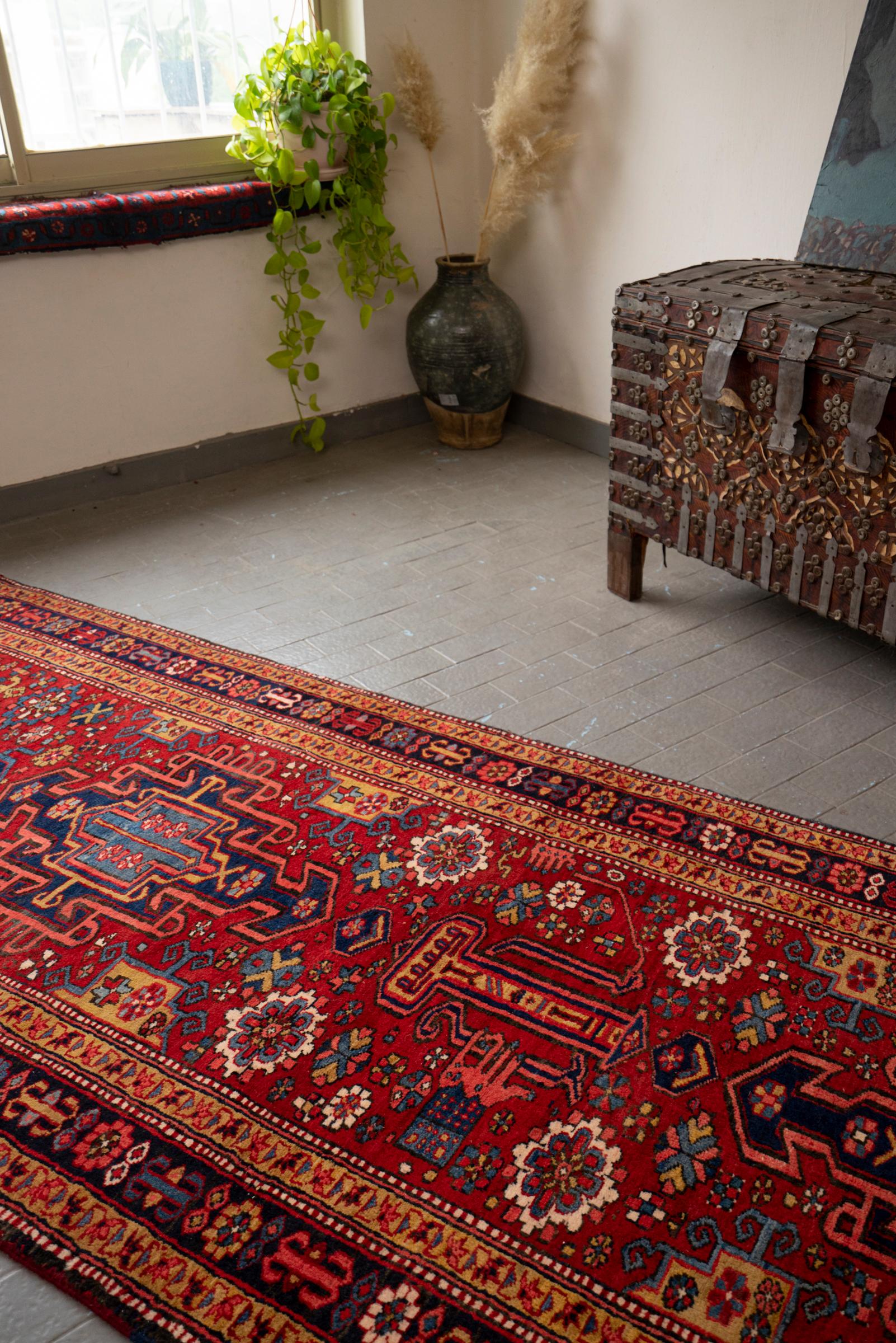 Antique Heriz Pictorial Persian Runner Rug