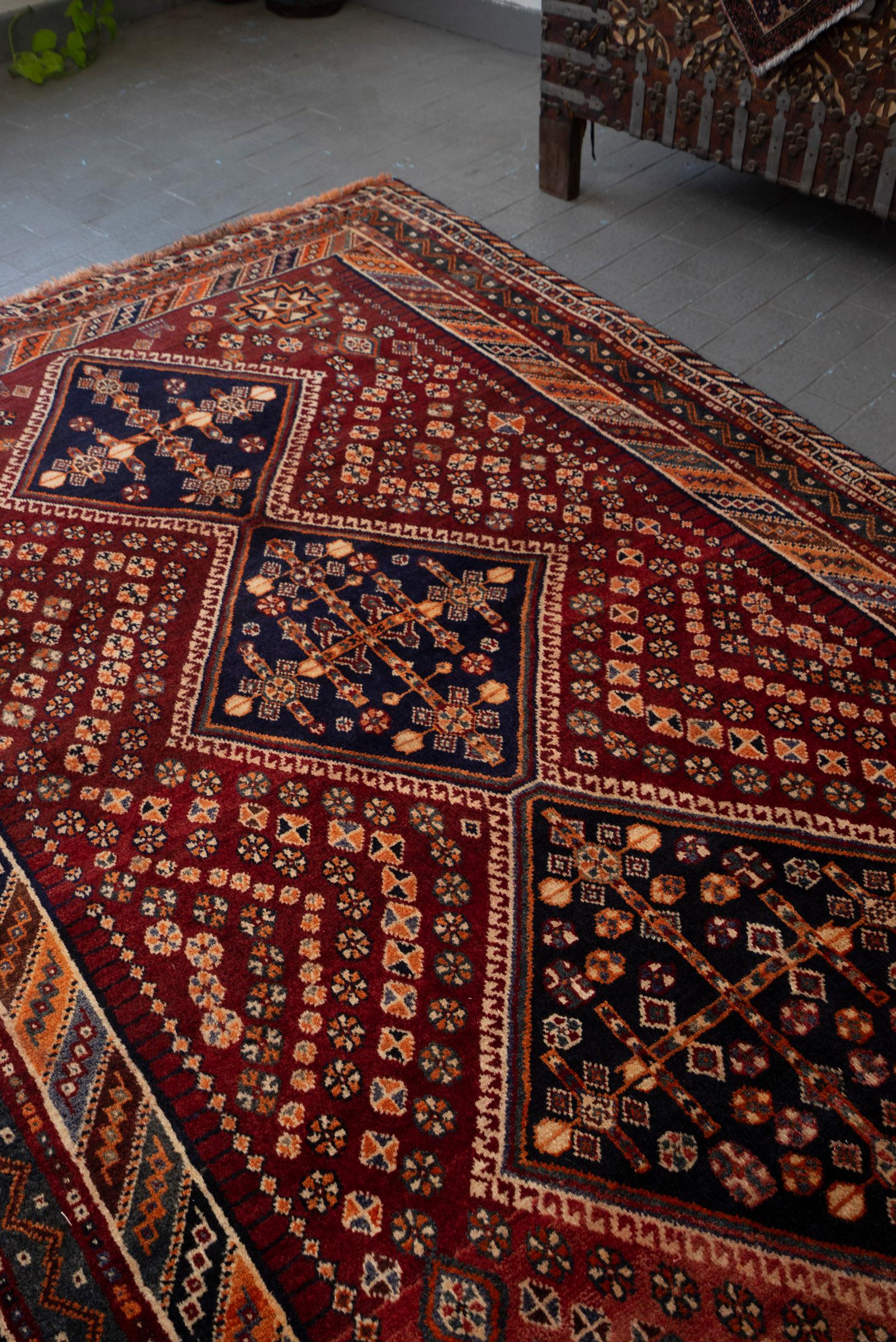 Qashqai Triple-Medallion Persian Rug, Shesh-Boluki Cluster, c. 1950