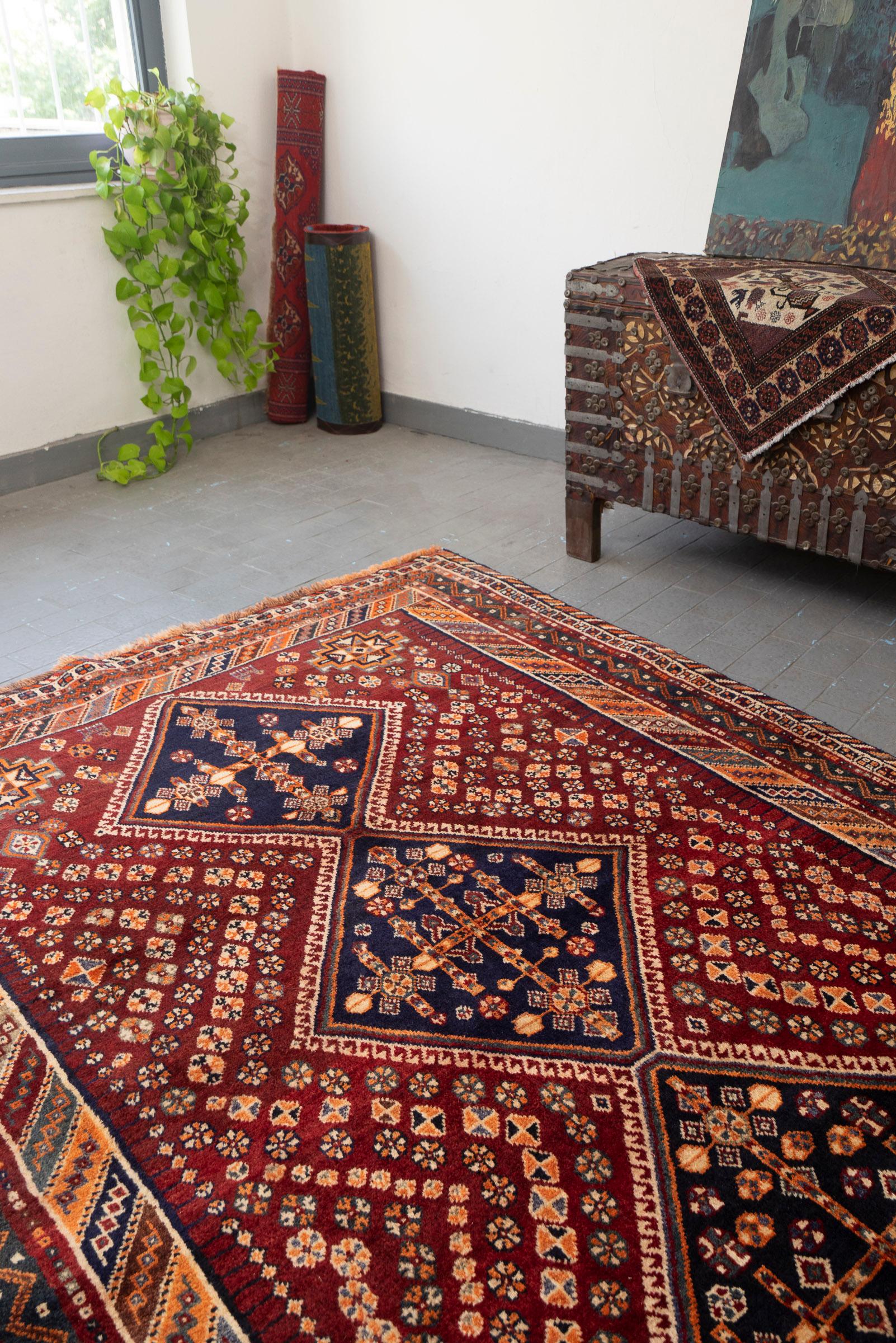 Qashqai Triple-Medallion Persian Rug, Shesh-Boluki Cluster, c. 1950