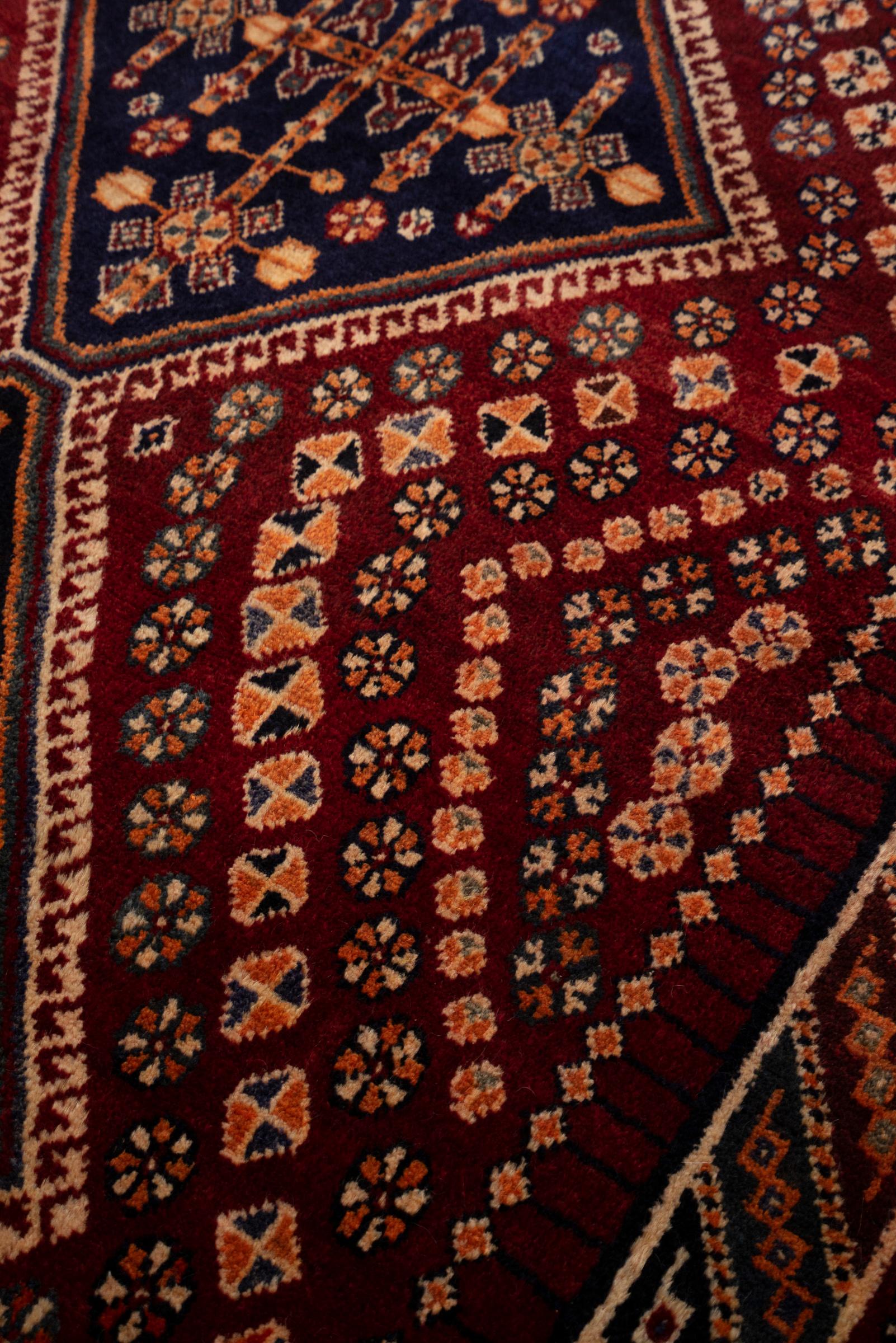 Qashqai Triple-Medallion Persian Rug, Shesh-Boluki Cluster, c. 1950