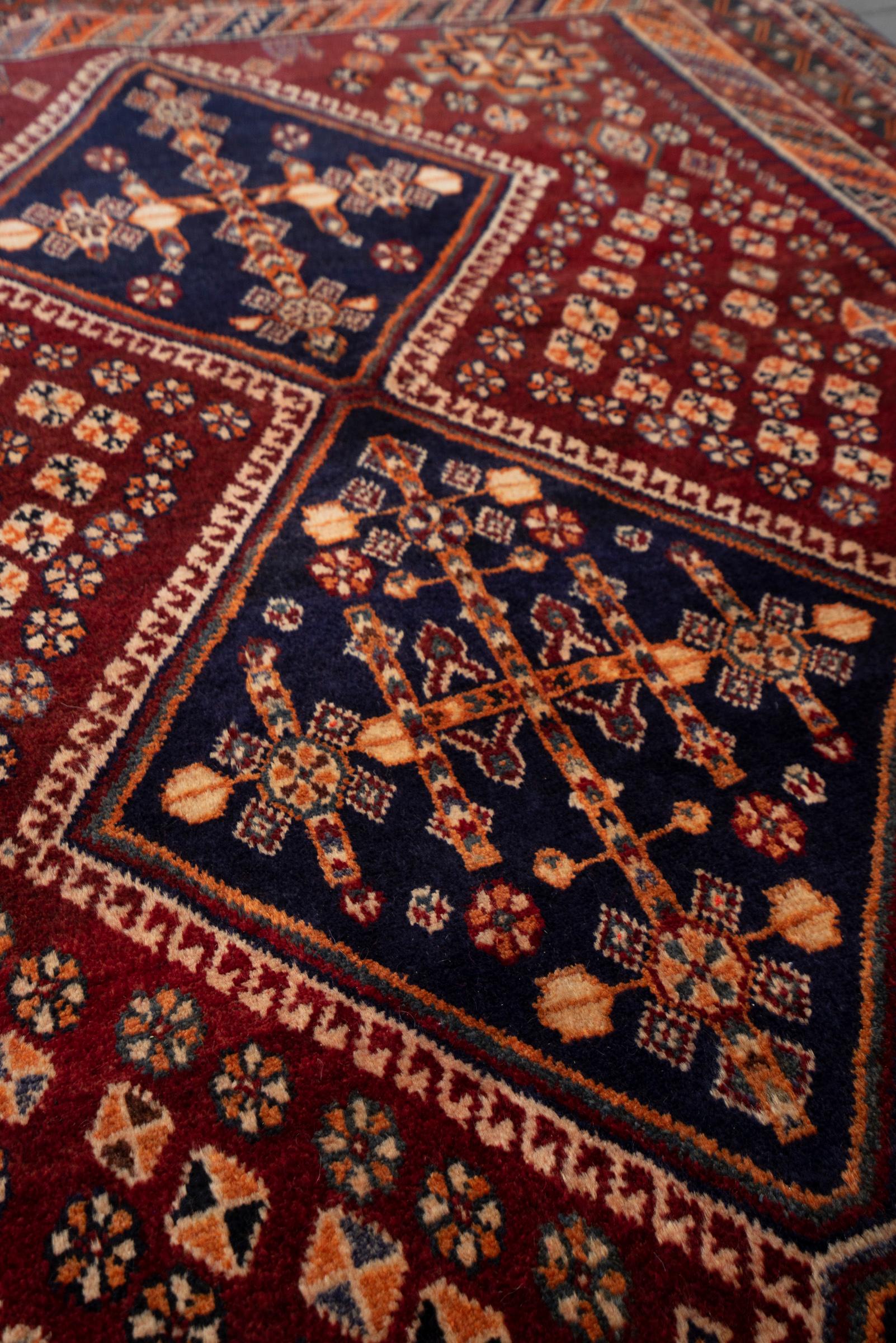 Qashqai Triple-Medallion Persian Rug, Shesh-Boluki Cluster, c. 1950