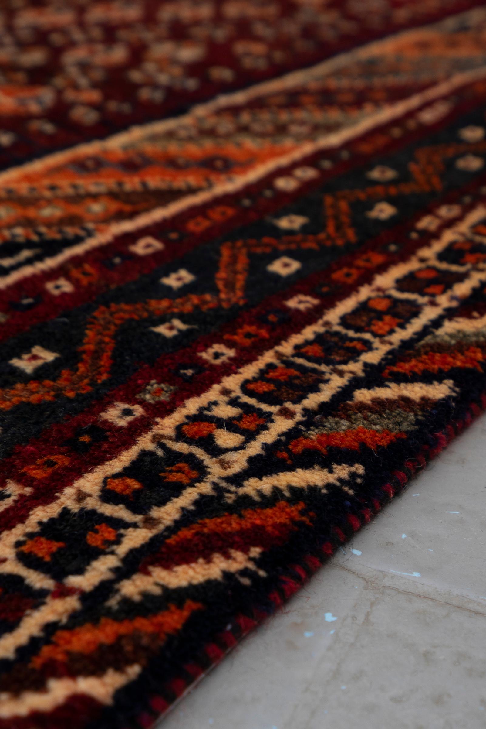 Qashqai Triple-Medallion Persian Rug, Shesh-Boluki Cluster, c. 1950