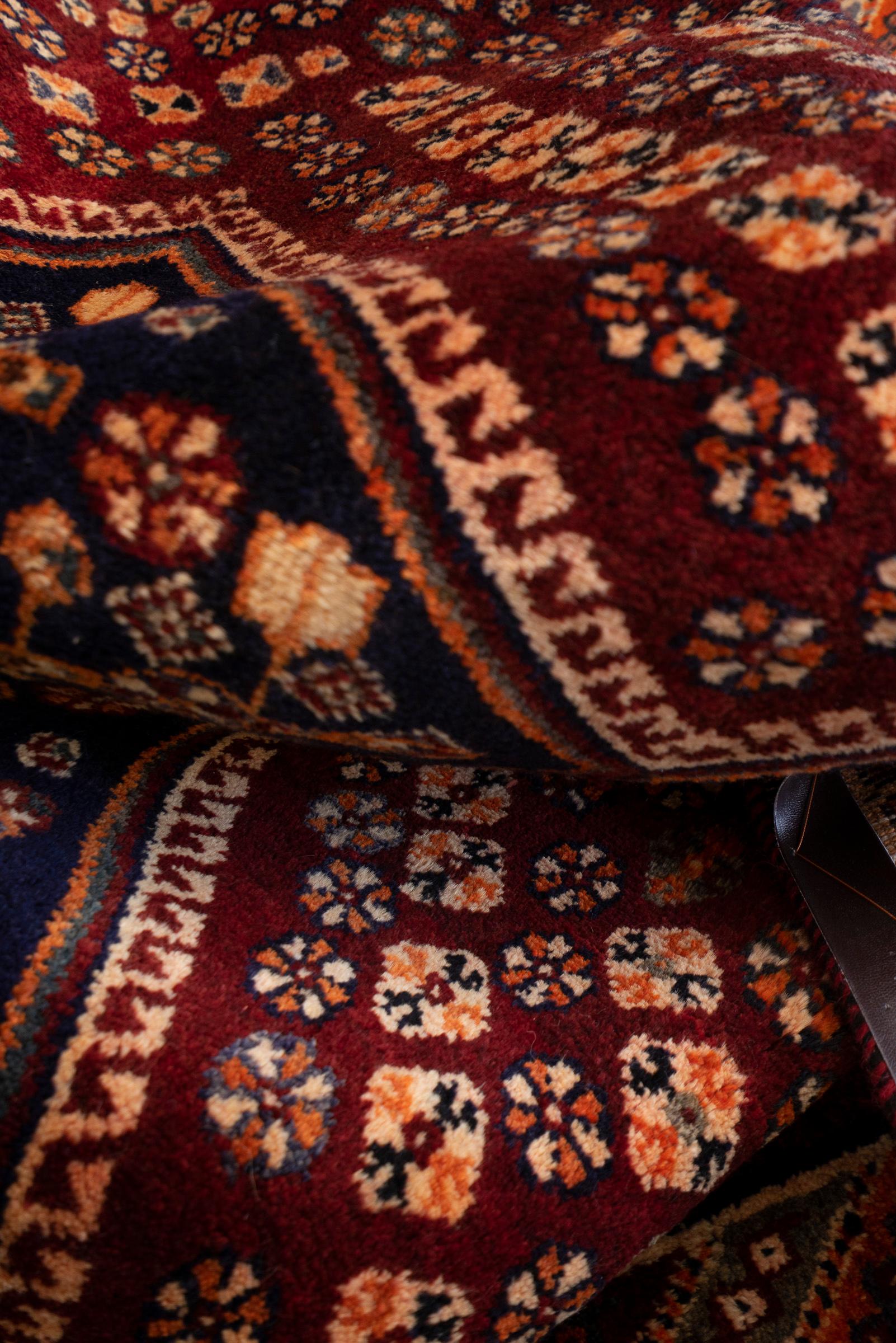 Qashqai Triple-Medallion Persian Rug, Shesh-Boluki Cluster, c. 1950