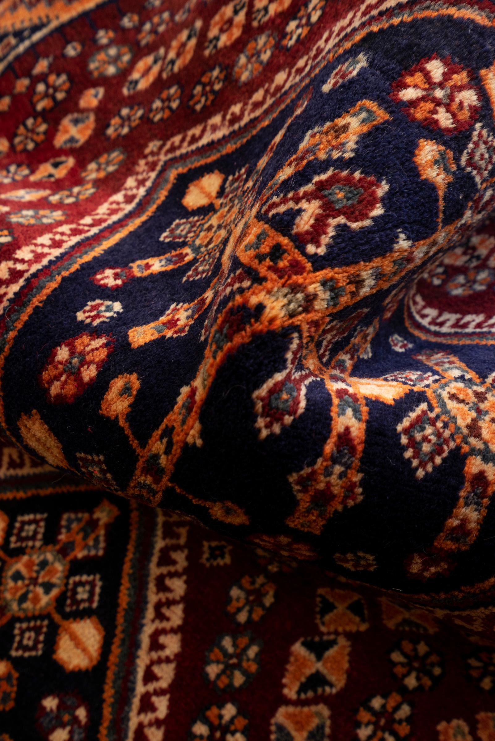 Qashqai Triple-Medallion Persian Rug, Shesh-Boluki Cluster, c. 1950