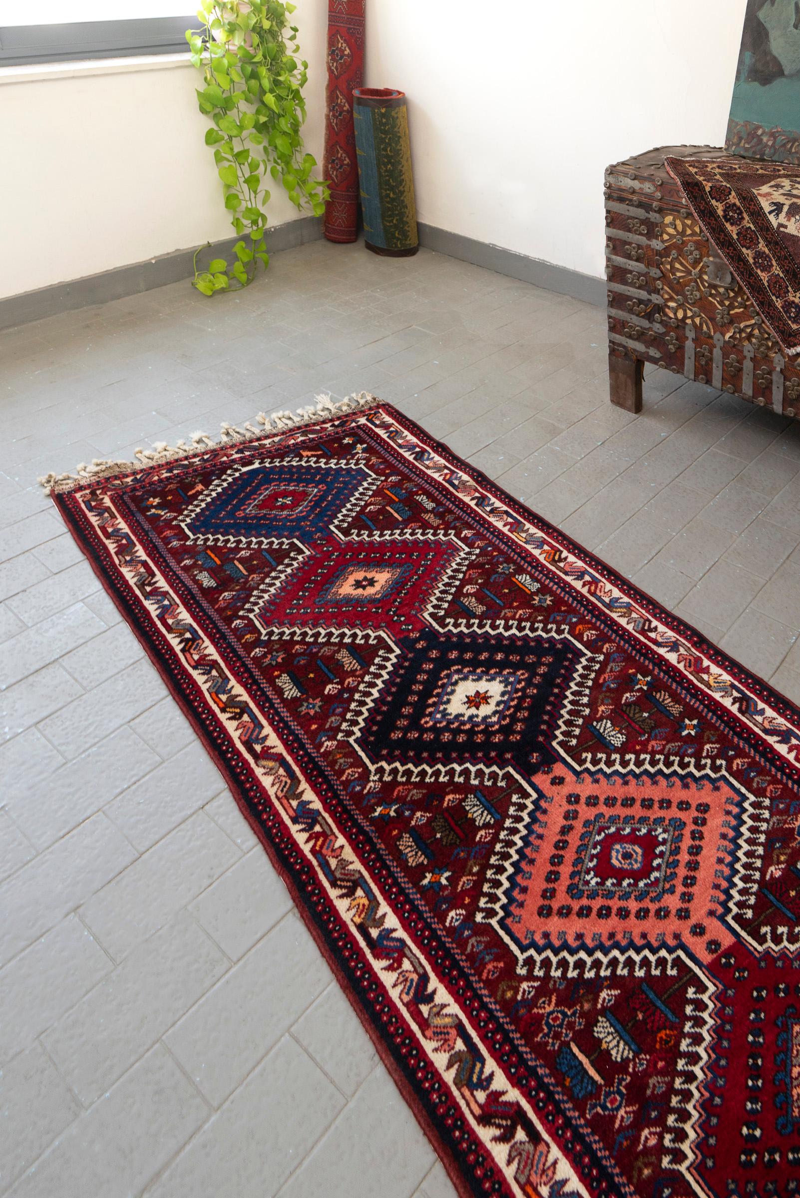 Yalameh Persian Runner rug, Nested Diamond Medallions, Circa 1980s