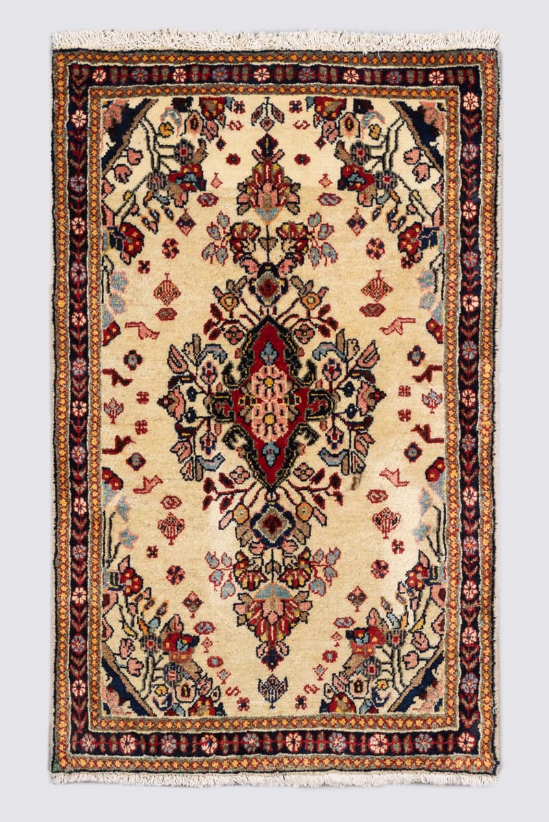Abadeh Poshti Persian Rug, Ivory Ground Floral Medallion, c. 1960s–1980s
