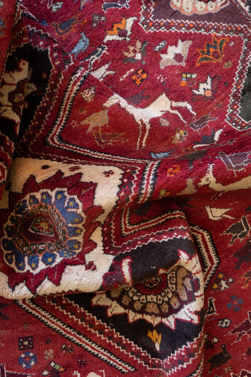Qashqai ShishBoluki Tribal Persian Rug Flora and Fauna, c. 1955–1965