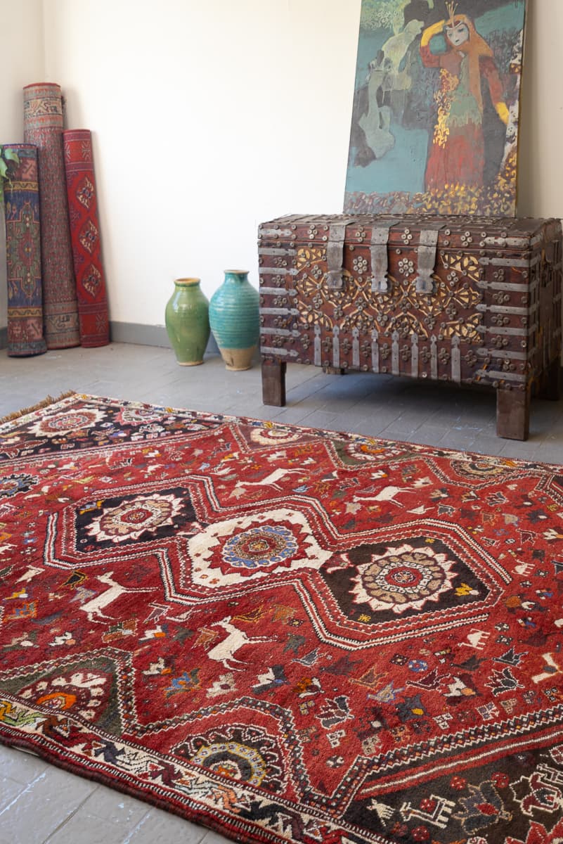 Qashqai ShishBoluki Tribal Persian Rug Flora and Fauna, c. 1955–1965
