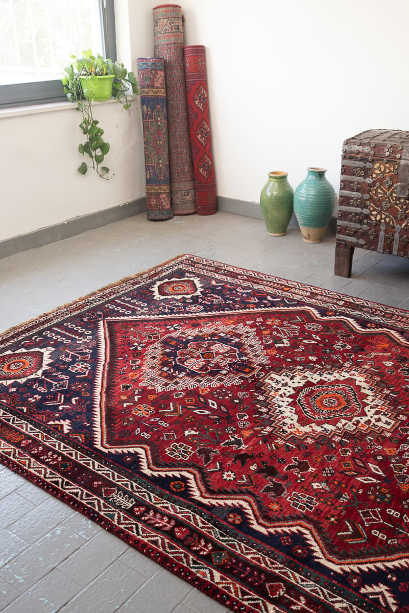 Qashqai Shesh Boluki Triple Medallion Persian Rug, c. 1960s