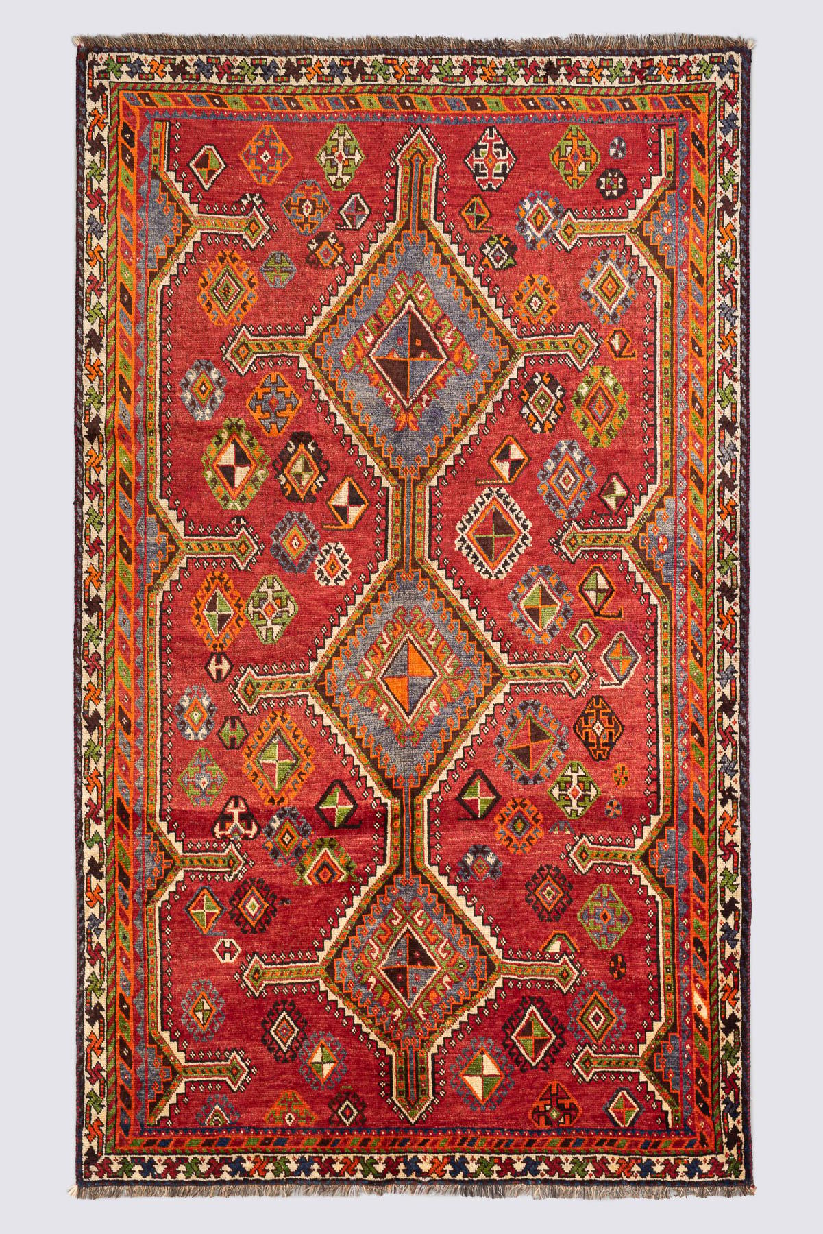 Qashqai Luri Tribal Rug With Triple Diamond Medallions Fars Carpet