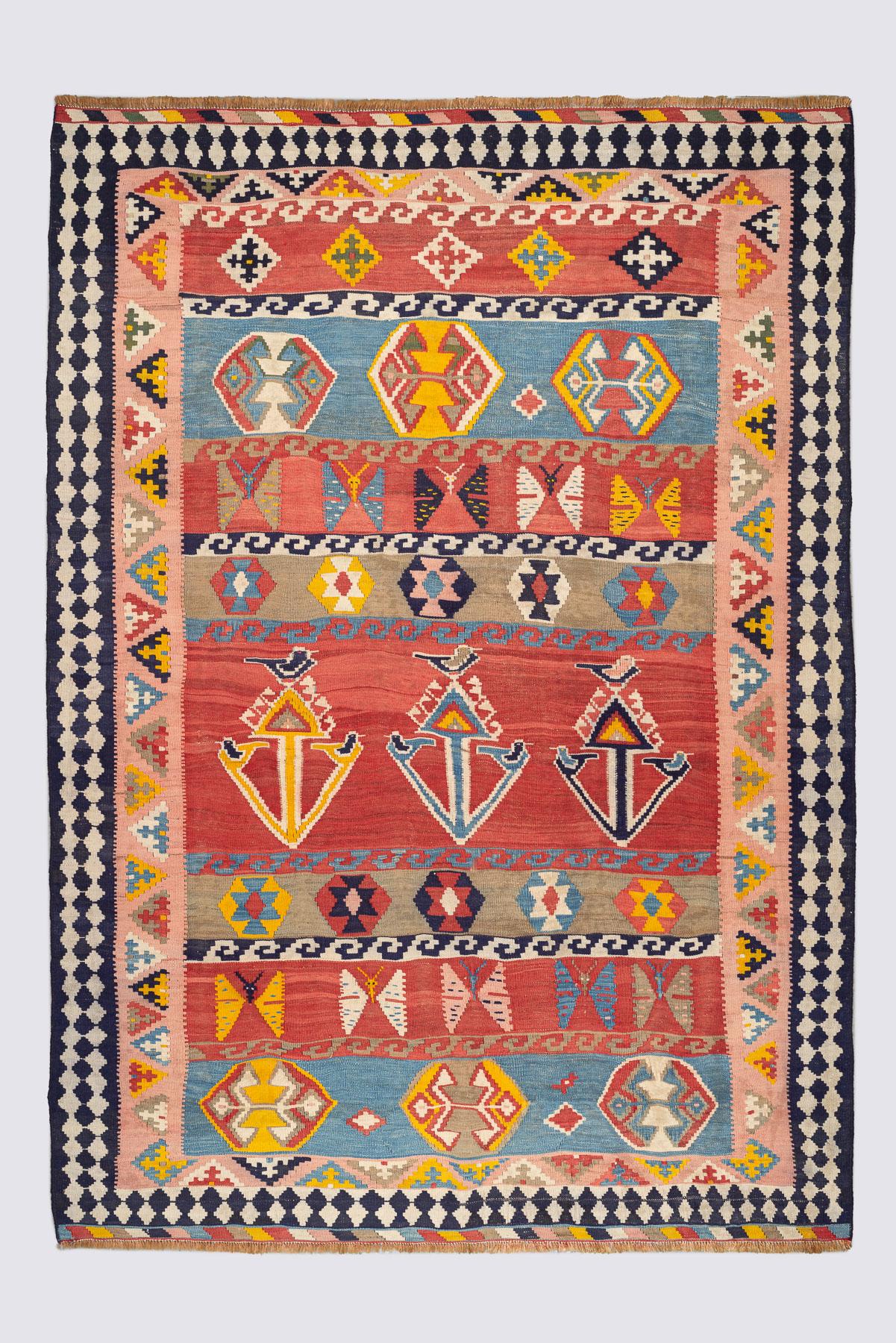 Qashqai Kilim With Butterfly Motifs And Geometric Medallions