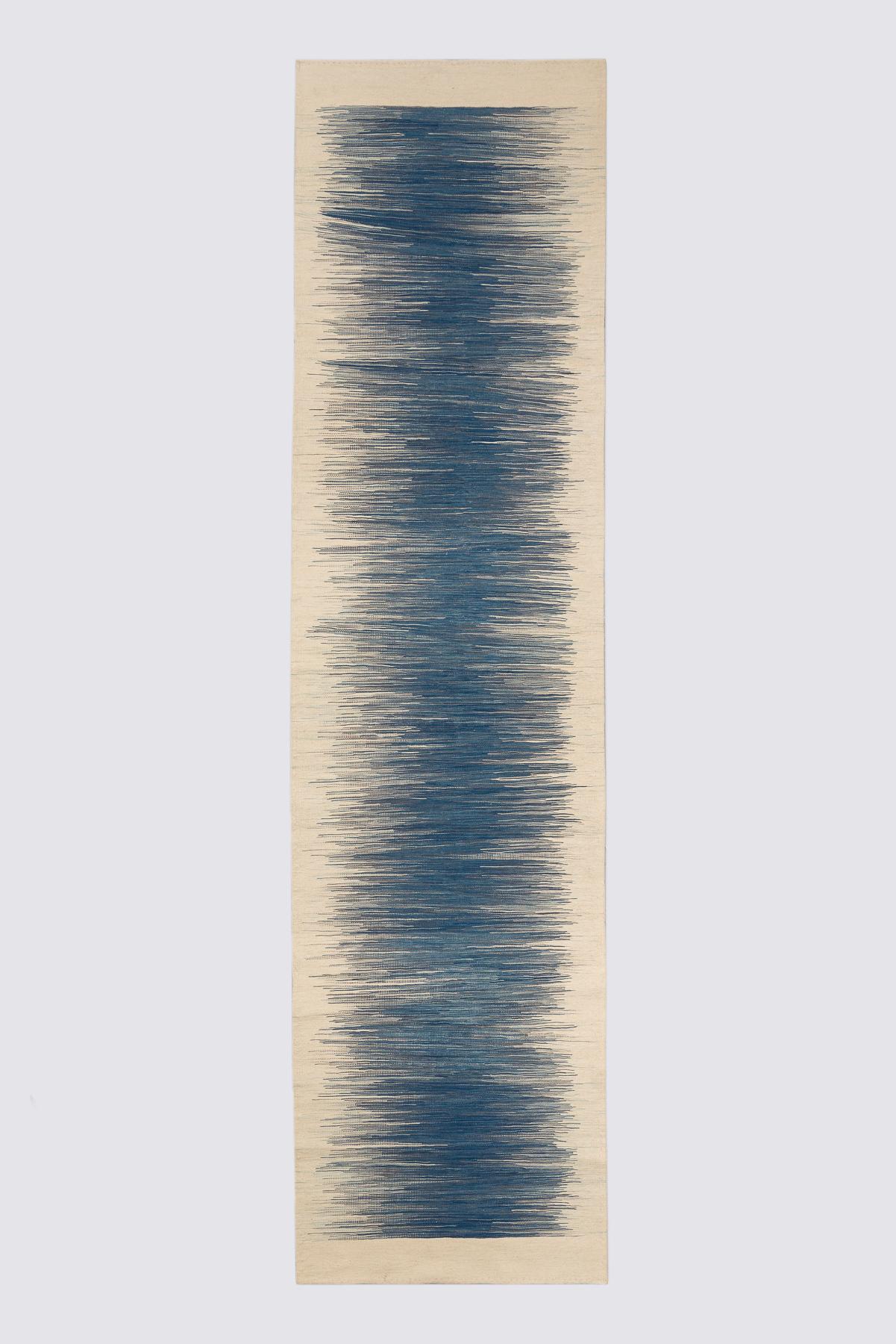 Contemporary Fine Mazandaran Minimalist Blue Ikat Kilim Runner