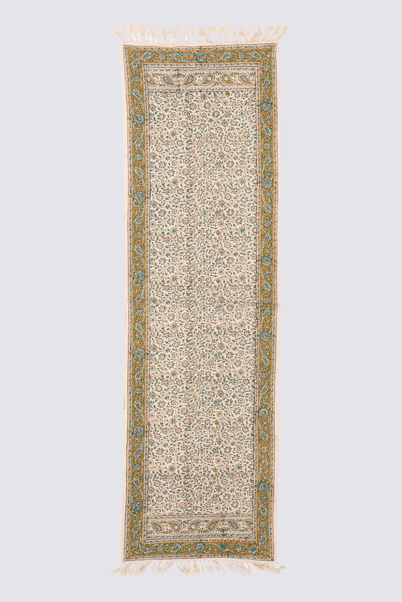 Qalamkar Block Print Floral Olive And Turquoise