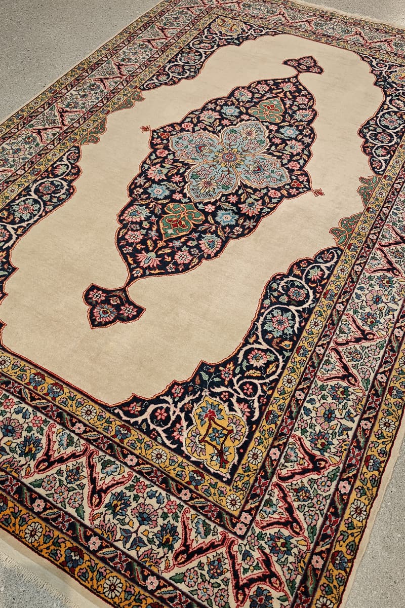 Super Fine Persian Yazd Kerman Rug, Medallion Design, Kork Wool, c. 1940s