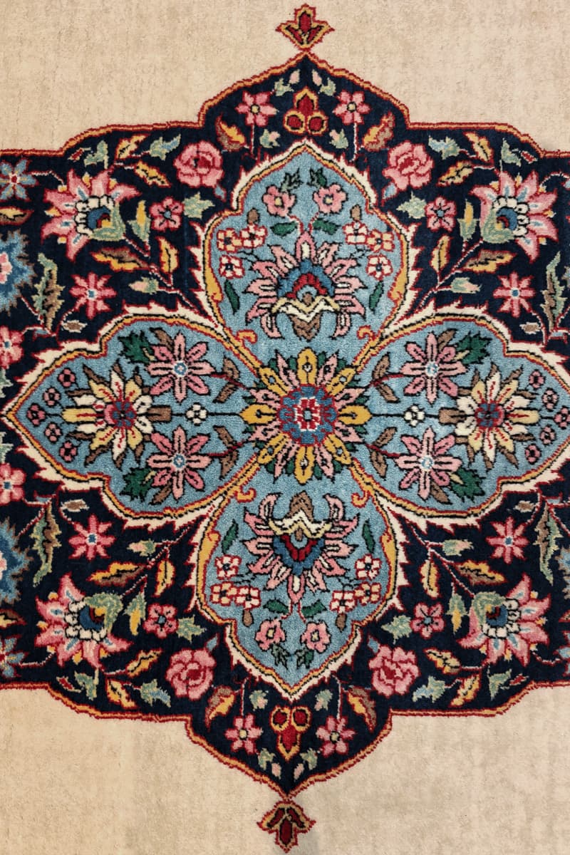 Super Fine Persian Yazd Kerman Rug, Medallion Design, Kork Wool, c. 1940s